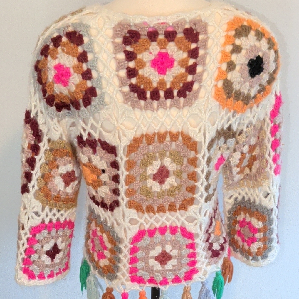 Crochet Patchwork Fringe Sweater - Multi Color - image 8